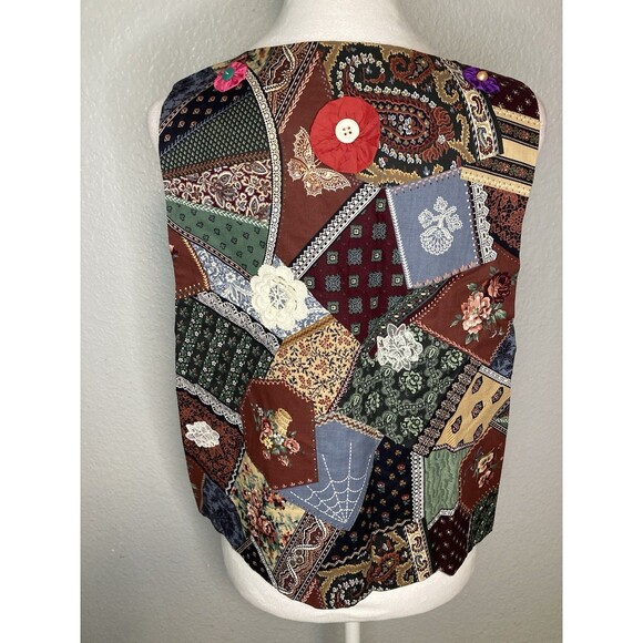 Patchwork Open Vest L Handmade Crazy Quilt Button Appliqué Granny Grandma Vtg - Picture 5 of 6